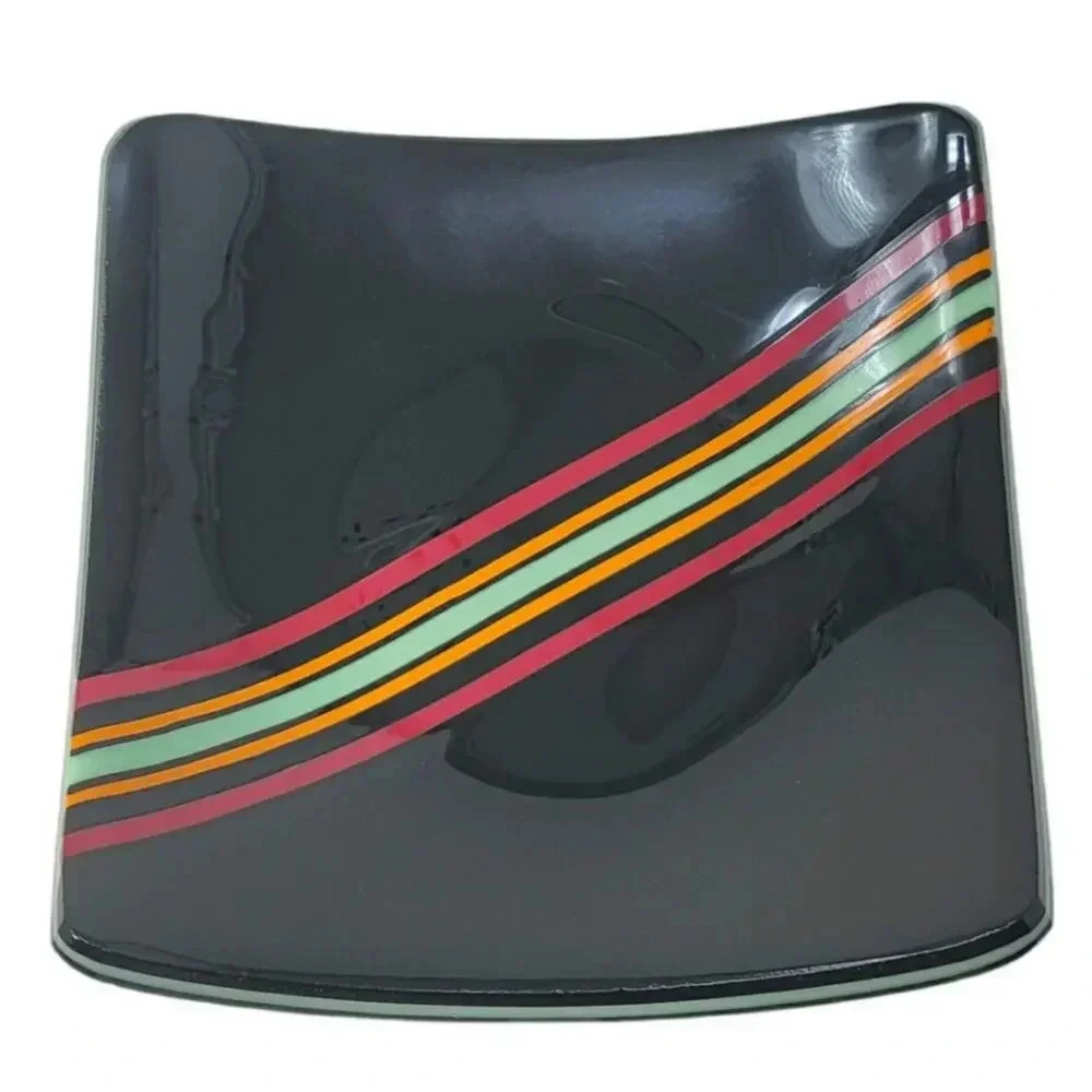 Mid Century Black Square Fused Striped Glass Plate